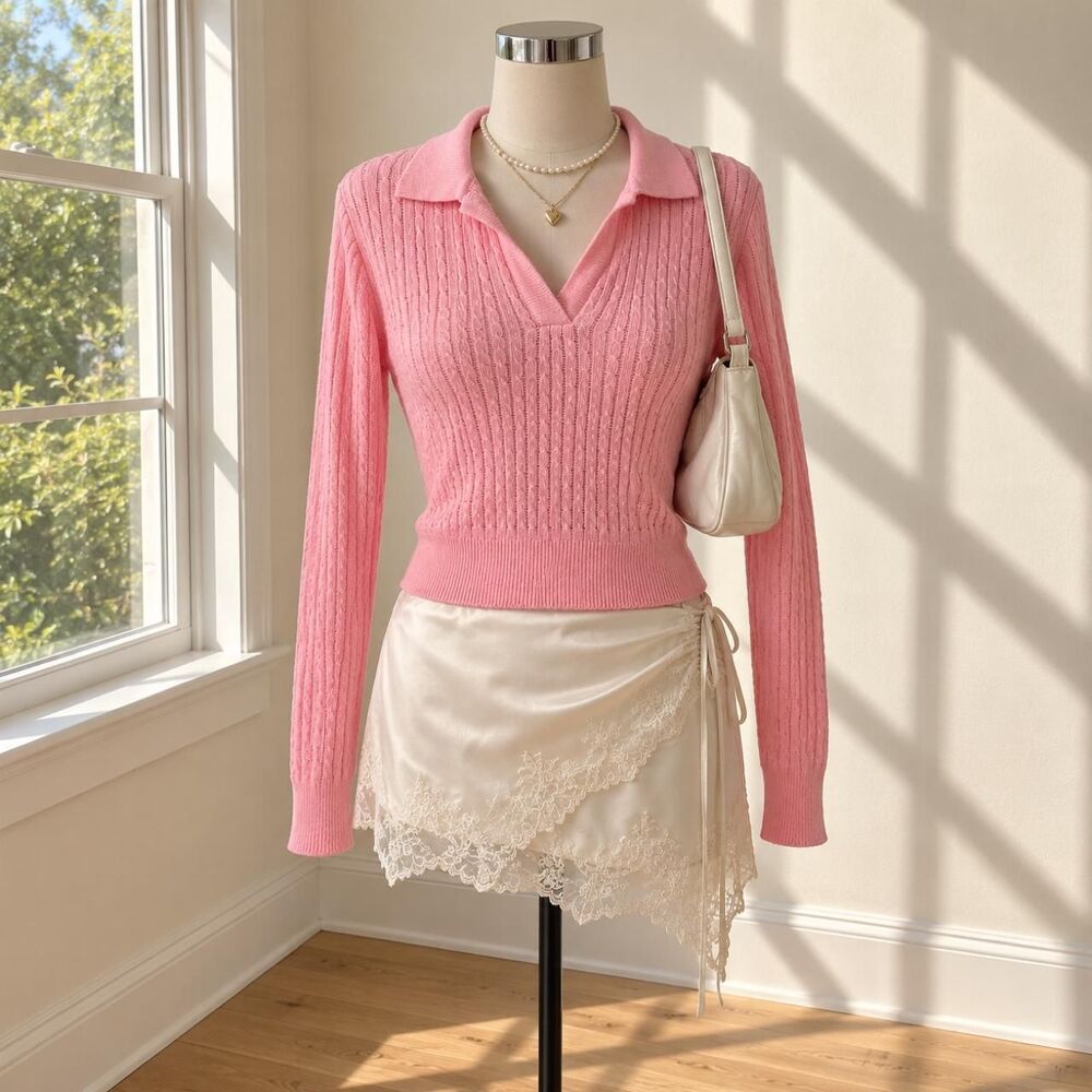 Calvin Klein Womens 100% Cotton Cable Knit Polo Sweater Sz.L Coquette Preppy Y2K